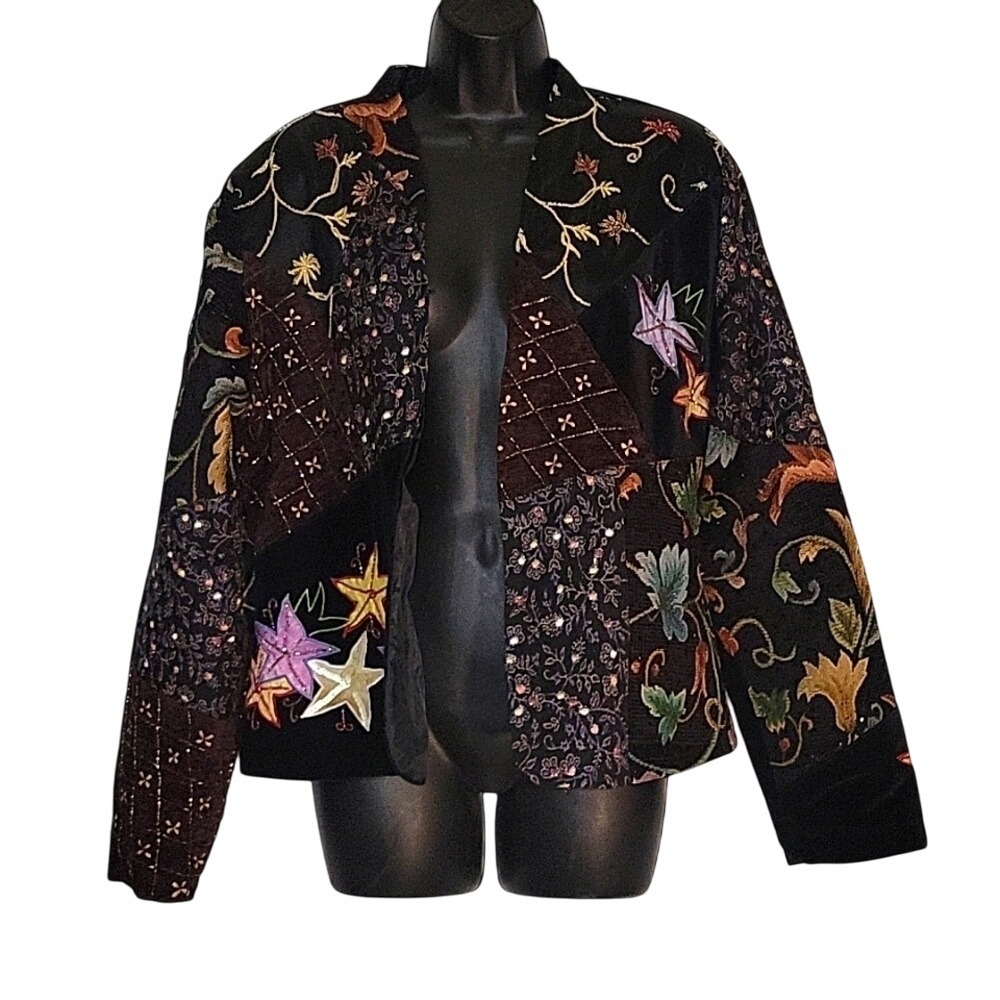 Vintage Black Embroidered Floral Patchwork Blazer Jacket